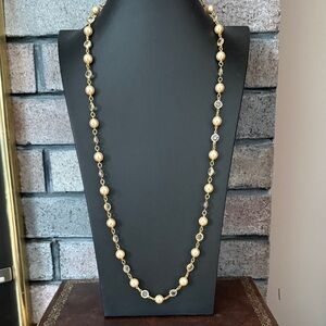 Vintage Austrian crystal and faux pearl signed  goldtone necklace